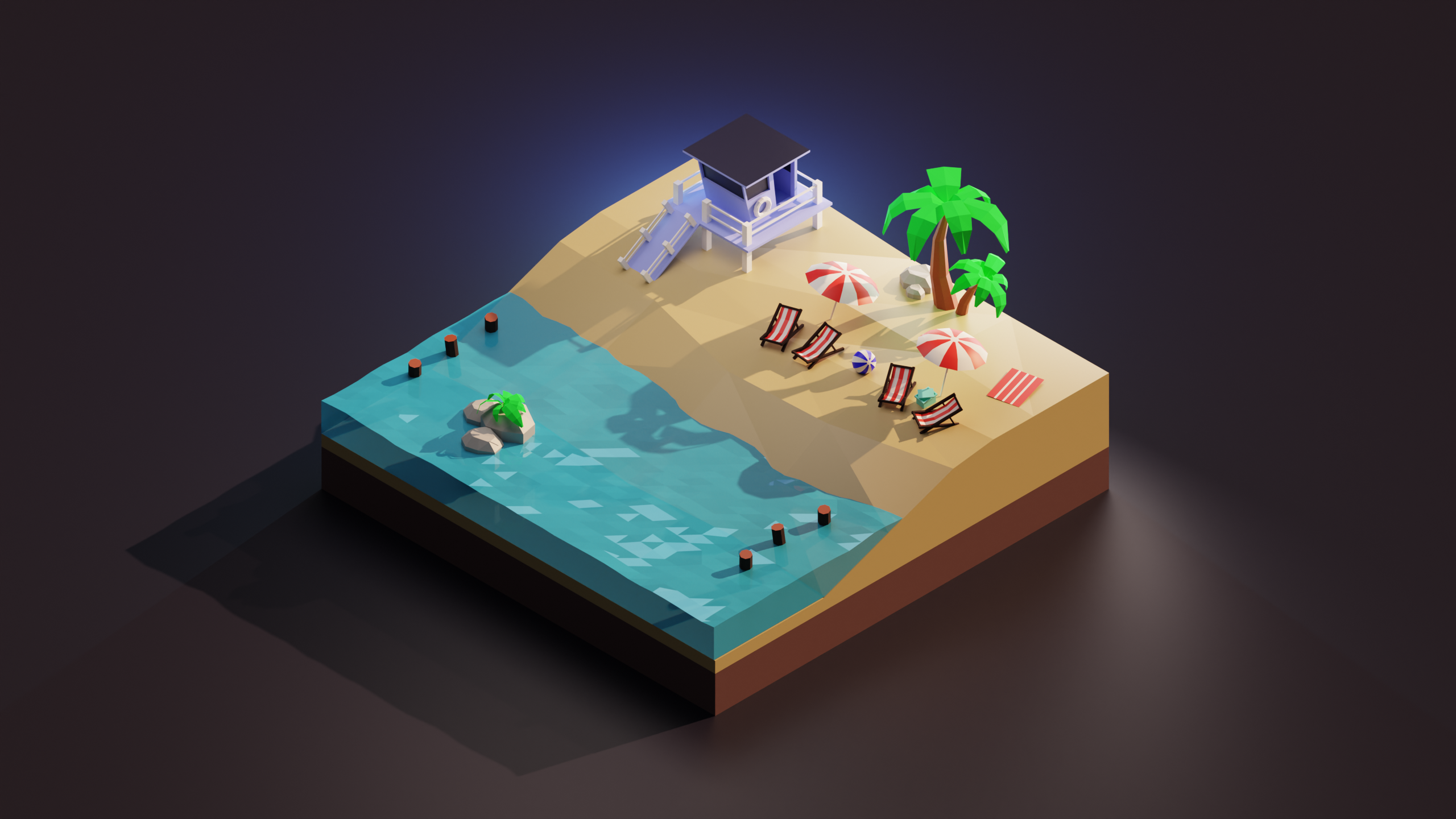 Low-poly beach environment rendered in Blender Cycles