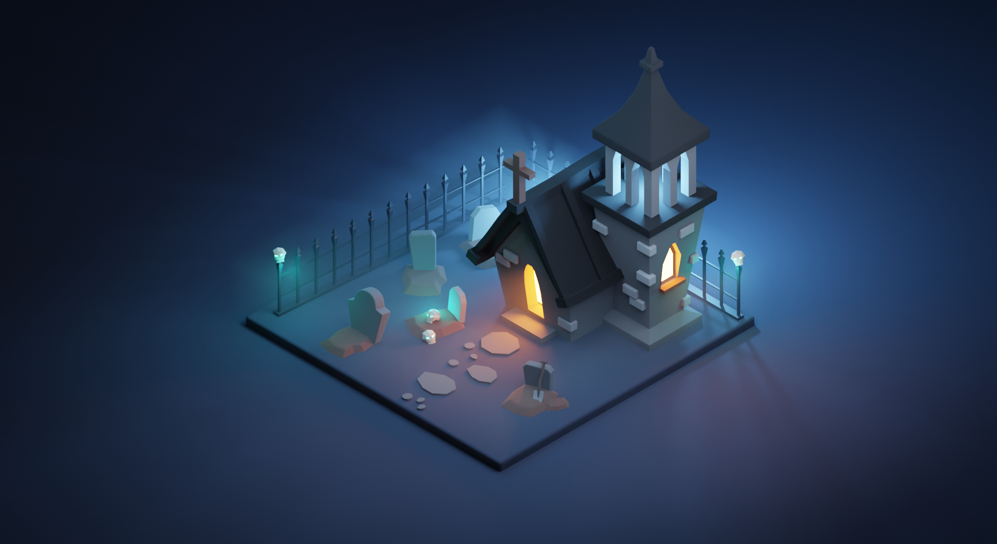 Halloween graveyard scene modeled in Blender Cycles