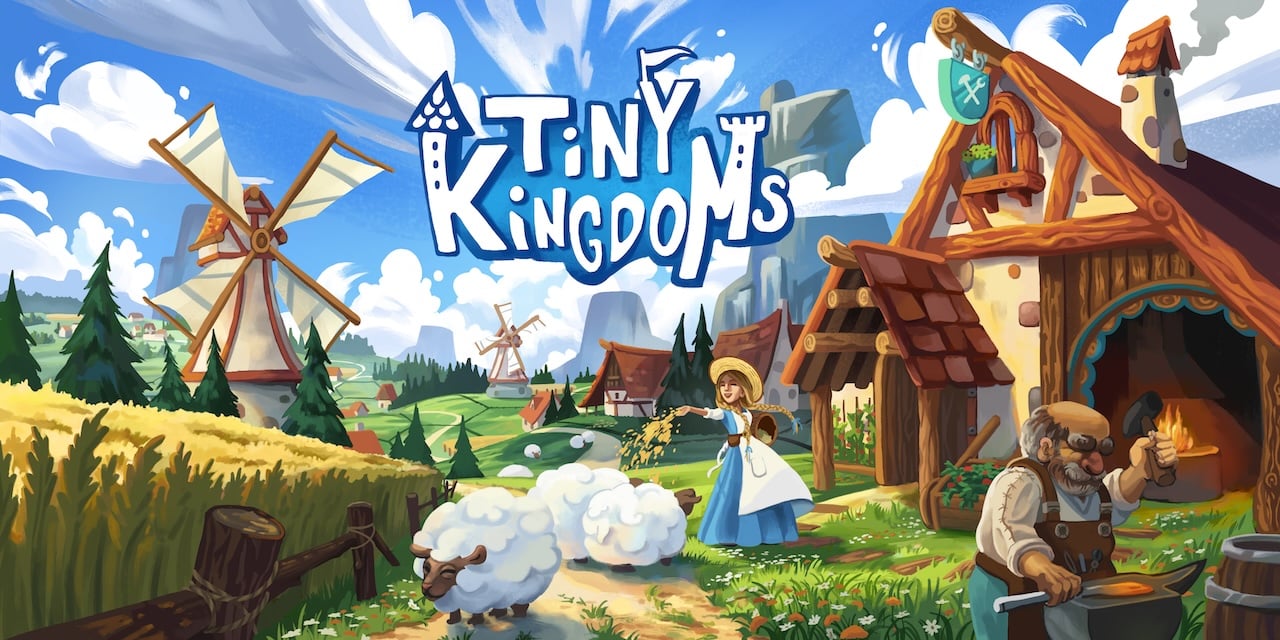 Tiny Kingdoms banner artwork showing a village with windmills, sheep and a blacksmith